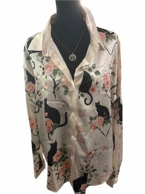 Black Cat & Floral Satin Button-Up Blouse Women's XL